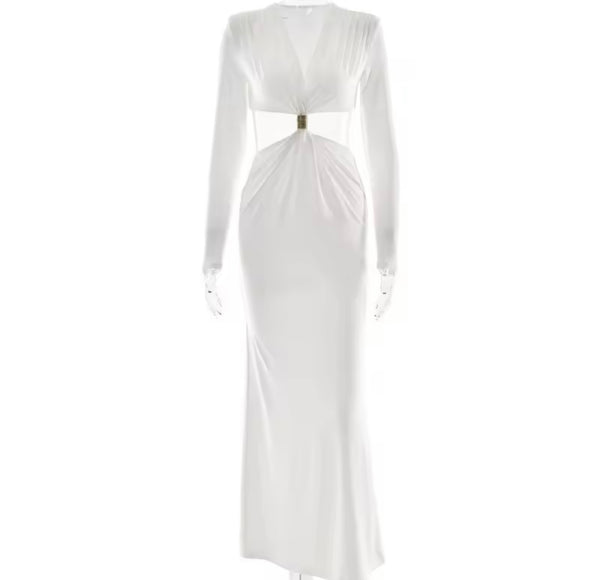 Women Sexy Solid Color Hollow Out Full Sleeve Maxi Dress