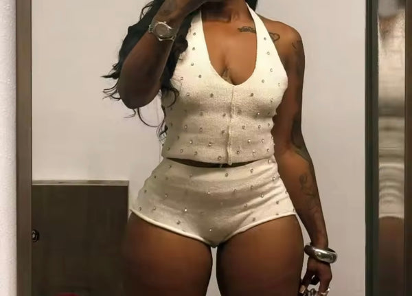 Women White Halter Sleeveless Bling Two Piece Short Set