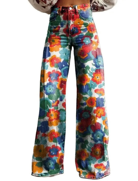 Women Fashion Color Print Wide Leg Pants