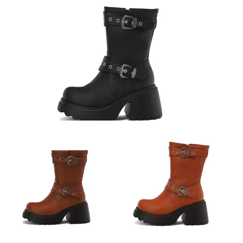 Women Buckled Faux Leather Fashion Ankle Boots