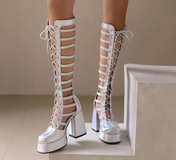 Women Fashion Cut Out Lace Up Knee High Boots