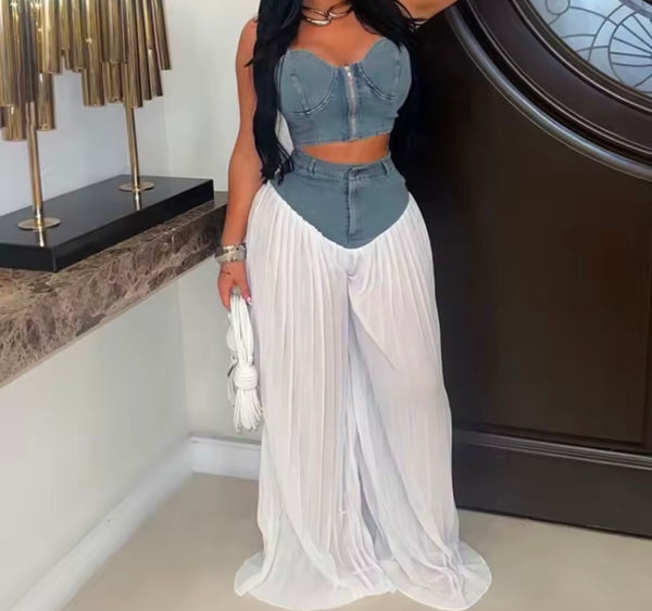 Women Zip Up Sleeveless Denim Mesh Patchwork Two Piece Pant Set