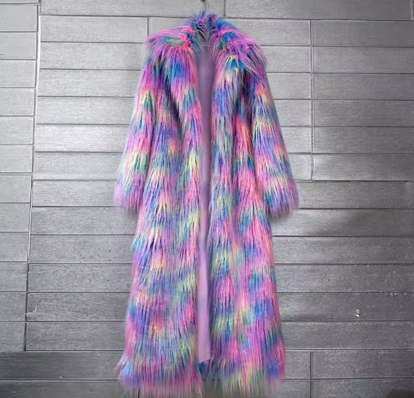 Women Fashion Multicolored Faux Fur Long Trench Jacket