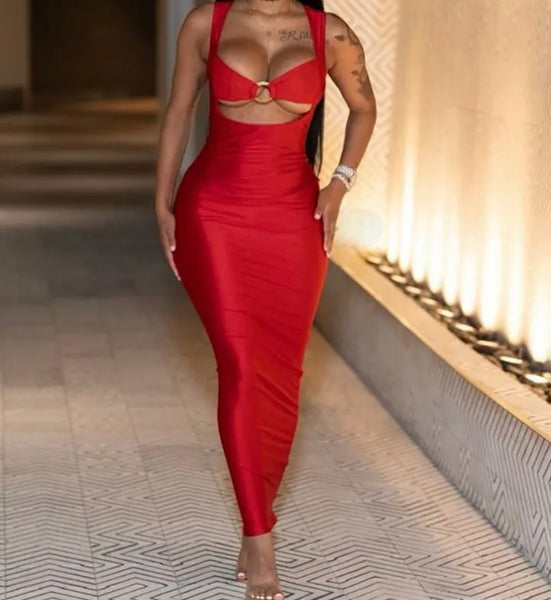 Women Red Sexy Sleeveless Open Back Maxi Dress