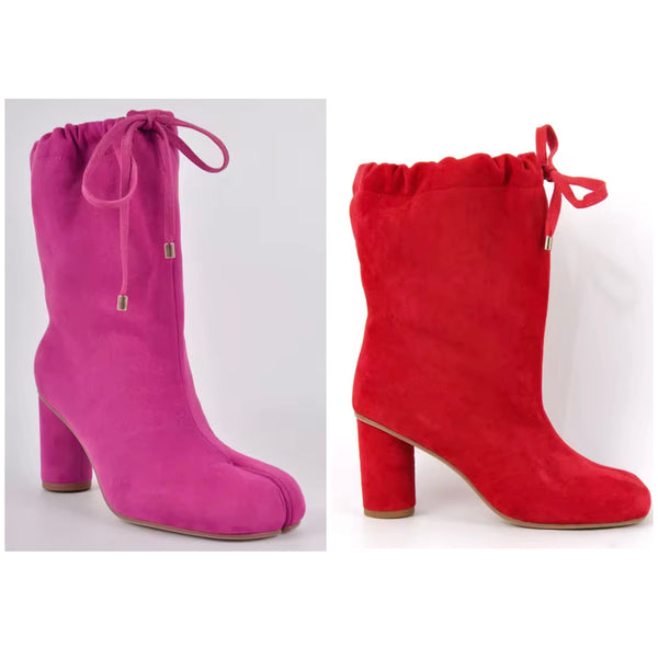 Women Fashion Split Toe Chunky Heel Drawstring Ankle Boots