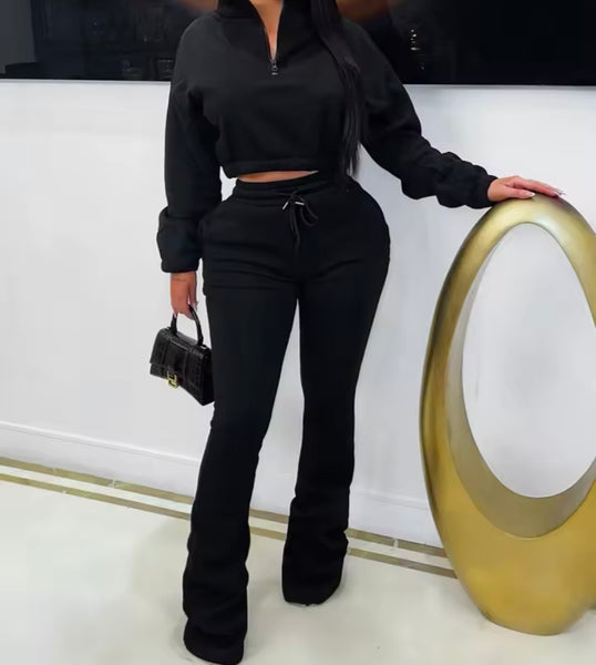 Women Fashion Zip Up Full Sleeve Crop Sweater Two Piece Pant Set