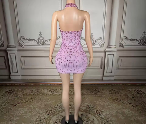 Women Sexy Halter Sleeveless Pink Crystal Rhinestone Dress