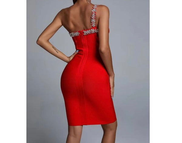 Women Sexy One Shoulder Sleeveless Red Rhinestone Patchwork Dress