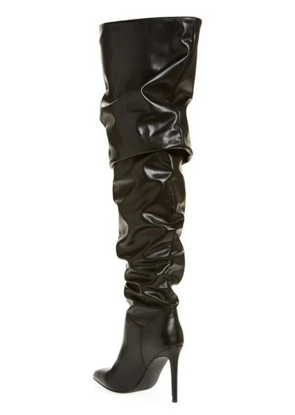 Women Faux Leather Ruched Over The Knee Fashion High Heel Boots