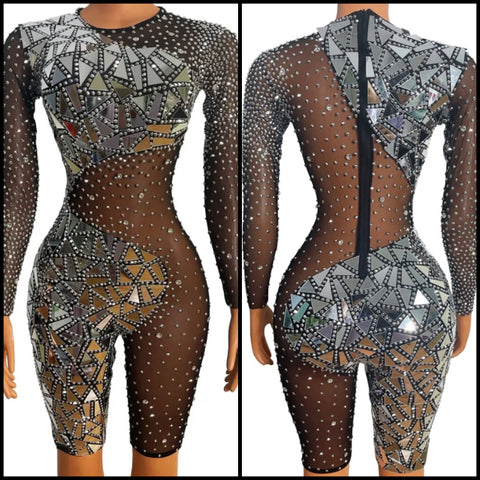 Women Sexy Full Sleeve Mirror Bling Rhinestone Mesh Romper