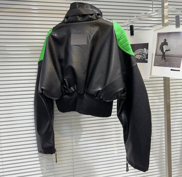 Women Fashion Color Patchwork Faux Leather Jacket