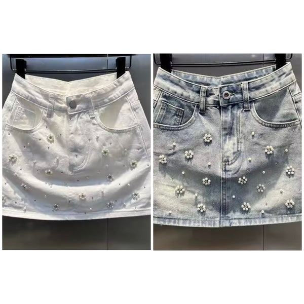 Women Fashion Rhinestone Pearl Floral Denim Skirt