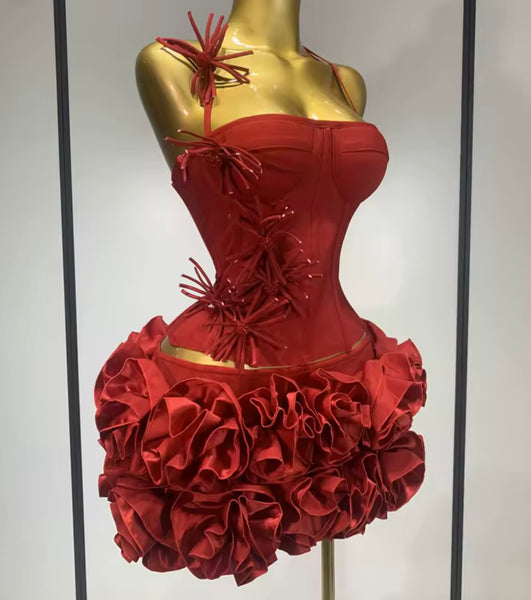 Women Sexy Halter Sleeveless 3D Floral Two Piece Skirt Set