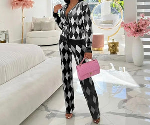 Women Button Up Full Sleeve Color Patchwork Two Piece Pant Set