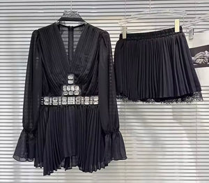 Women Sexy Crystal Chiffon Ruffle Full Sleeve Two Piece Pleated Skirt Set