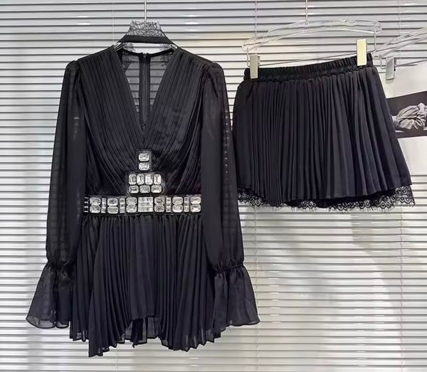 Women Sexy Crystal Chiffon Ruffle Full Sleeve Two Piece Pleated Skirt Set