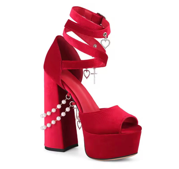 Women Pendant Beaded Velour Platform High Heel Sandals