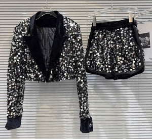 Women Color Patchwork Sequins Blazer Two Piece Fashion Short Set