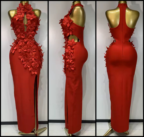 Women Red Halter Sleeveless 3D Floral Cut Out Sexy Maxi Dress