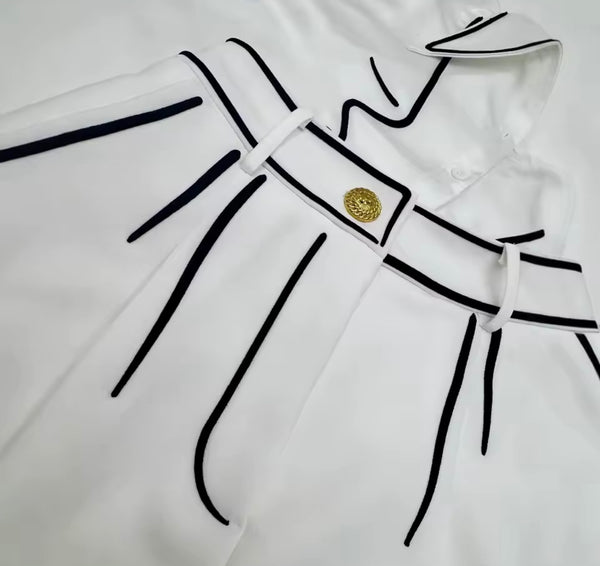 Women White Full Sleeve Striped Two Piece Short Set