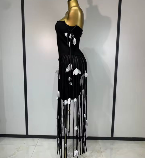 Women Sexy Strapless Floral Fringe Tassel Dress