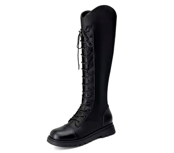 Women Fashion Lace Up Knee High Flat Boots