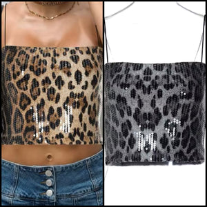 Women Sexy Sleeveless Animal Print Sequins Crop Top