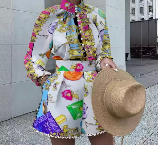 Women Fashion Printed Button Up Full Sleeve Two Piece Short Set