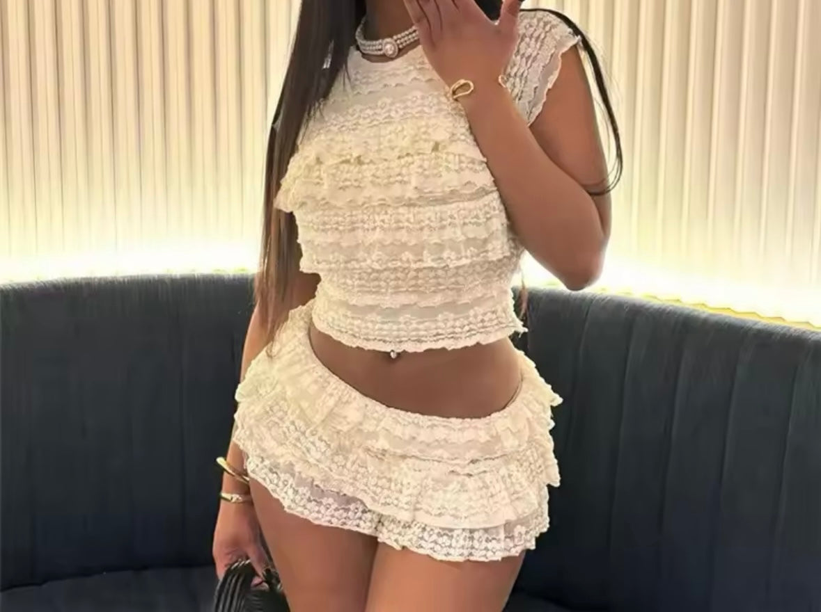 Women Sexy Color Ruffled Lace Two Piece Skirt Set