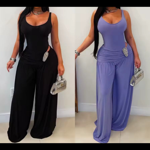 Women Sleeveless Metal Ruched Wide Leg Jumpsuit