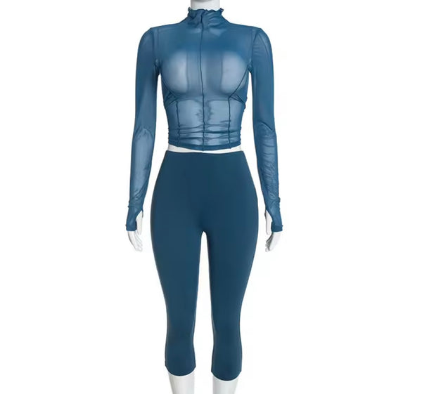 Women Turtleneck Mesh Full Sleeve Crop Two Size Capri Pant Set