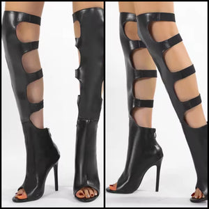 Women Fashion Black Hollow Out Open Toe Knee High Boots