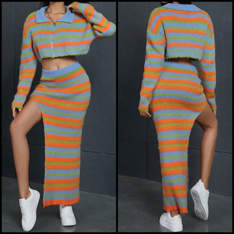 Women Fashion Full Sleeve Multicolored Striped Two Piece Maxi Skirt Set