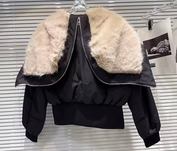 Women Fashion Black Zipper Faux Fur Jacket