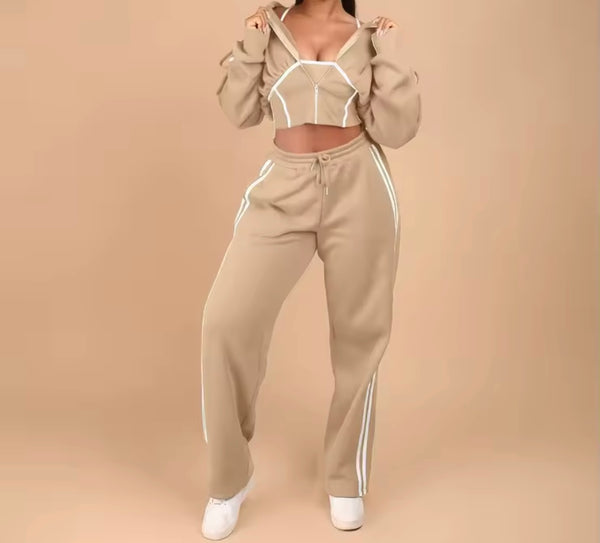 Women Fashion Striped Hooded Two Piece Tracksuit Pant Set