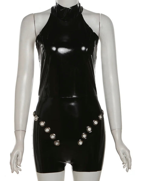 Women Sexy Black PU Metal Cut Out Sleeveless Romper