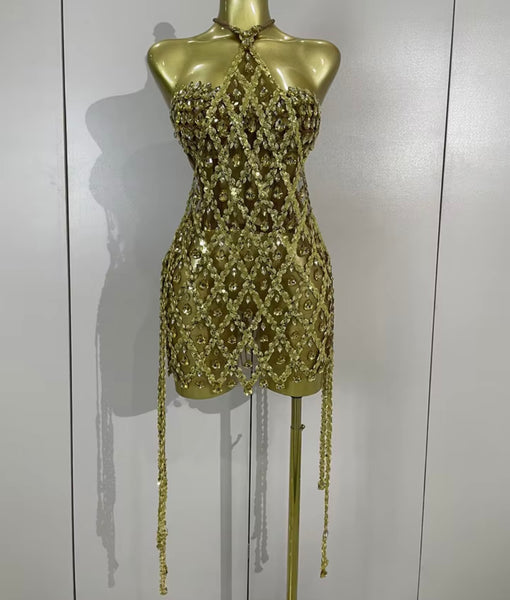 Women Halter Corset Sequins Crystal Tassel Two Piece Dress Set