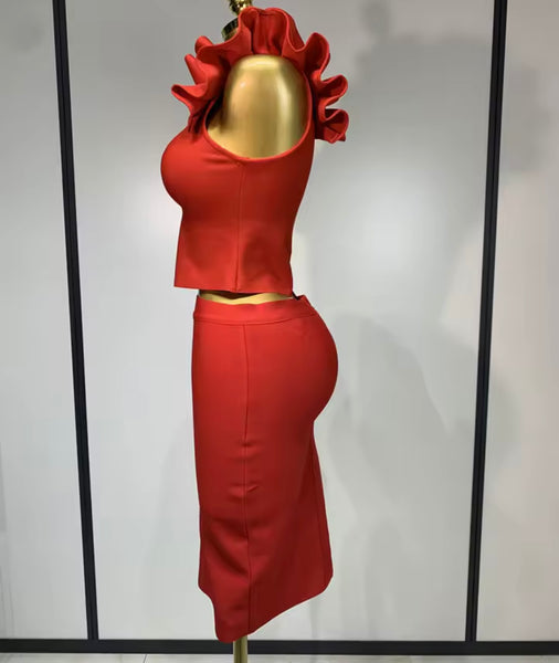 Women Sexy Ruffled One Shoulder Sleeveless Two Piece Skirt Set