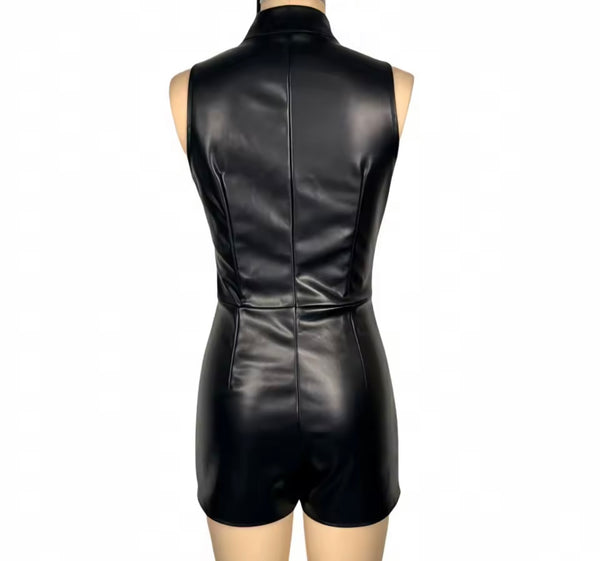 Women Black Zip Up Sleeveless PU Fashion Romper