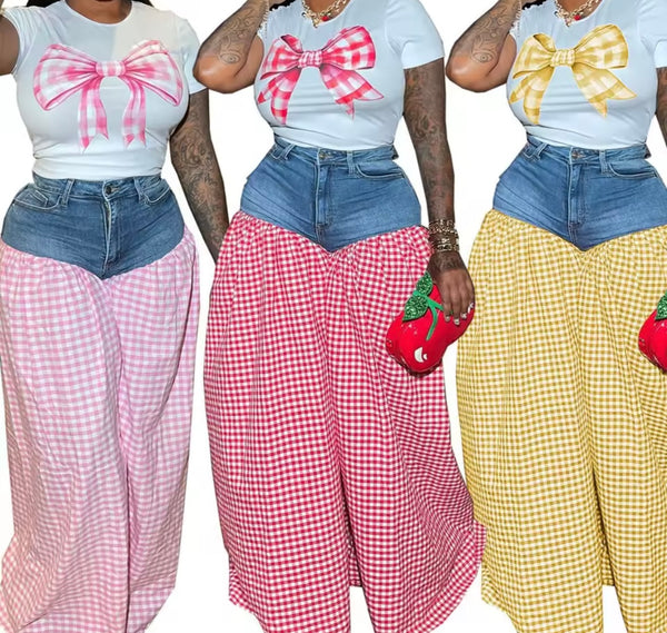 Women Fashion Bow Short Sleeve Two Piece Denim Plaid Pant Set