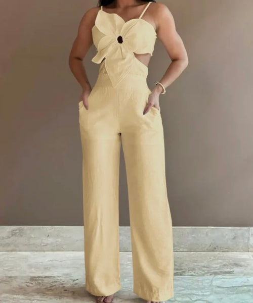 Women Sleeveless Floral Solid Color Sexy Fashion Jumpsuit
