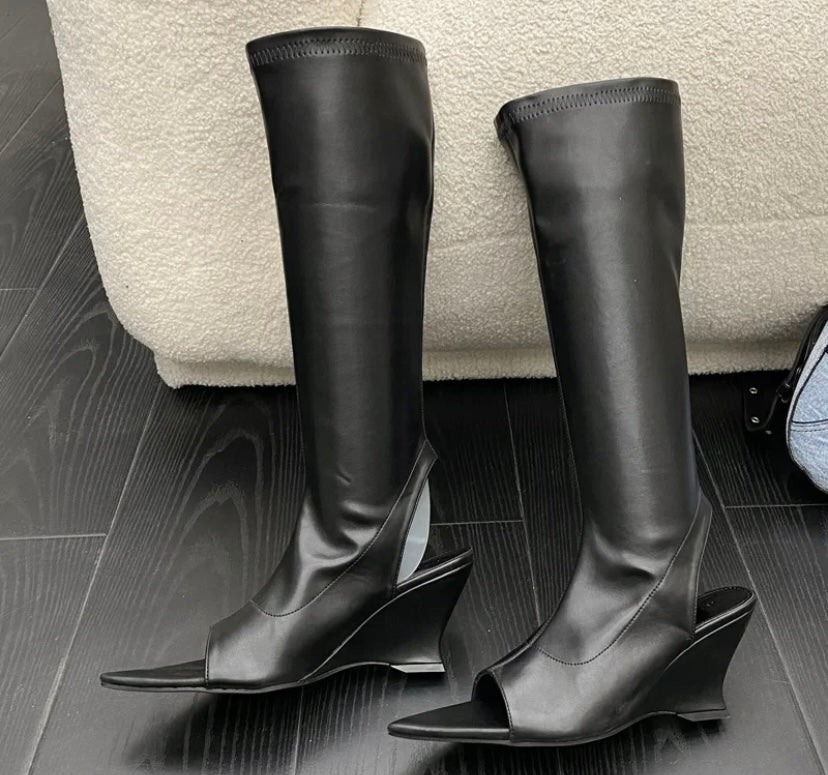 Women Color Fashion Pointed Open Toe Wedge Platform Knee High Boots