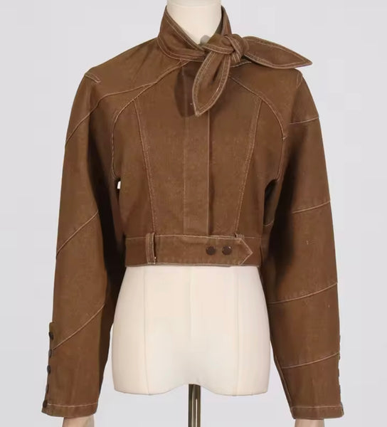 Women Brown Fashion Denim Jacket Button Two Piece Pant Set