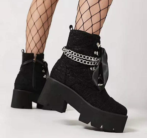 Women Fashion Lace Chain Platform Ankle Boots