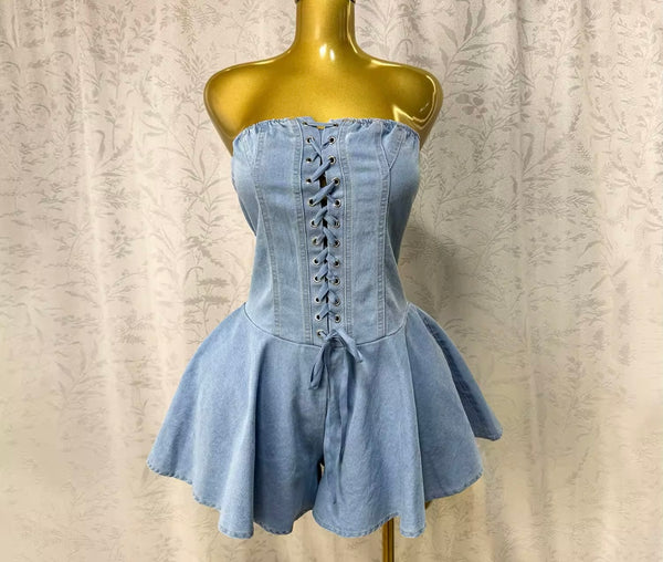 Women Sexy Fashion Strapless Lace Up Denim Romper