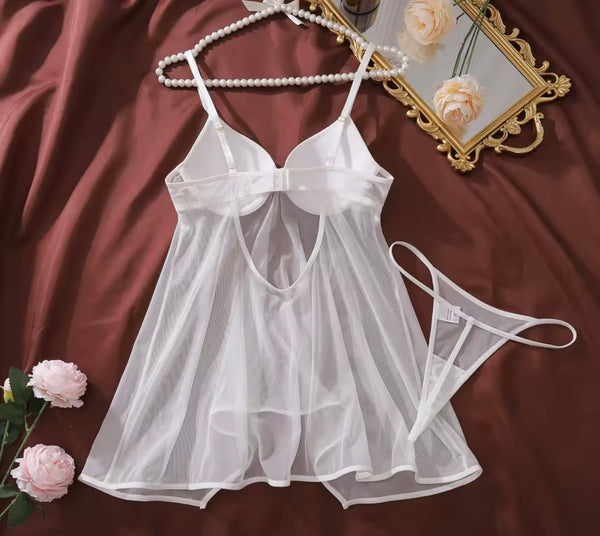 Women Sexy Solid Color Open Back Mesh Nightgown Lingerie Set