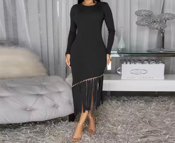 Women Sexy Solid Color Full Sleeve Fringe Tassel Dress