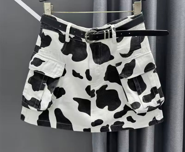 Women Fashion B&W Animal Print Denim Skirt