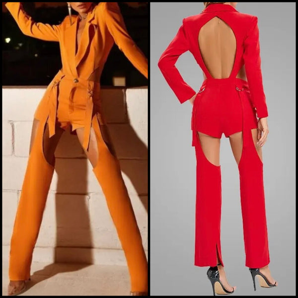 Women Fashion Open Back Blazer Two Piece Pant Set