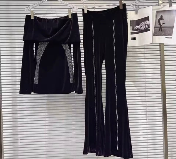 Women Black Bling Off The Shoulder Velour Two Piece Pant Set